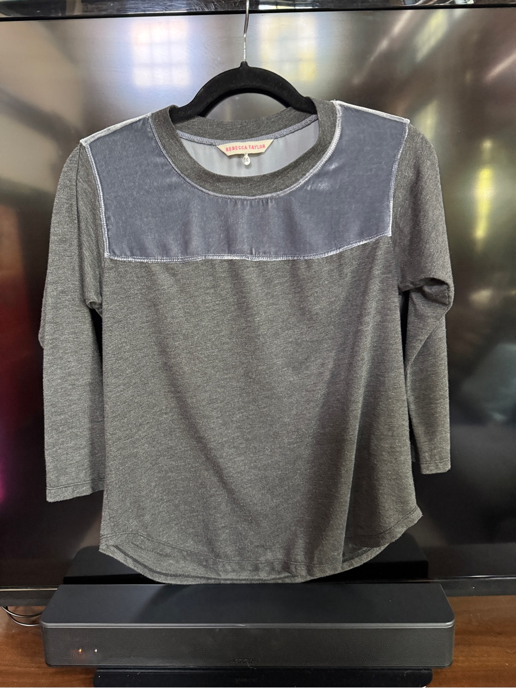 Rebecca Taylor Gray Knit Long Sleeve Top With Velvet Yoke